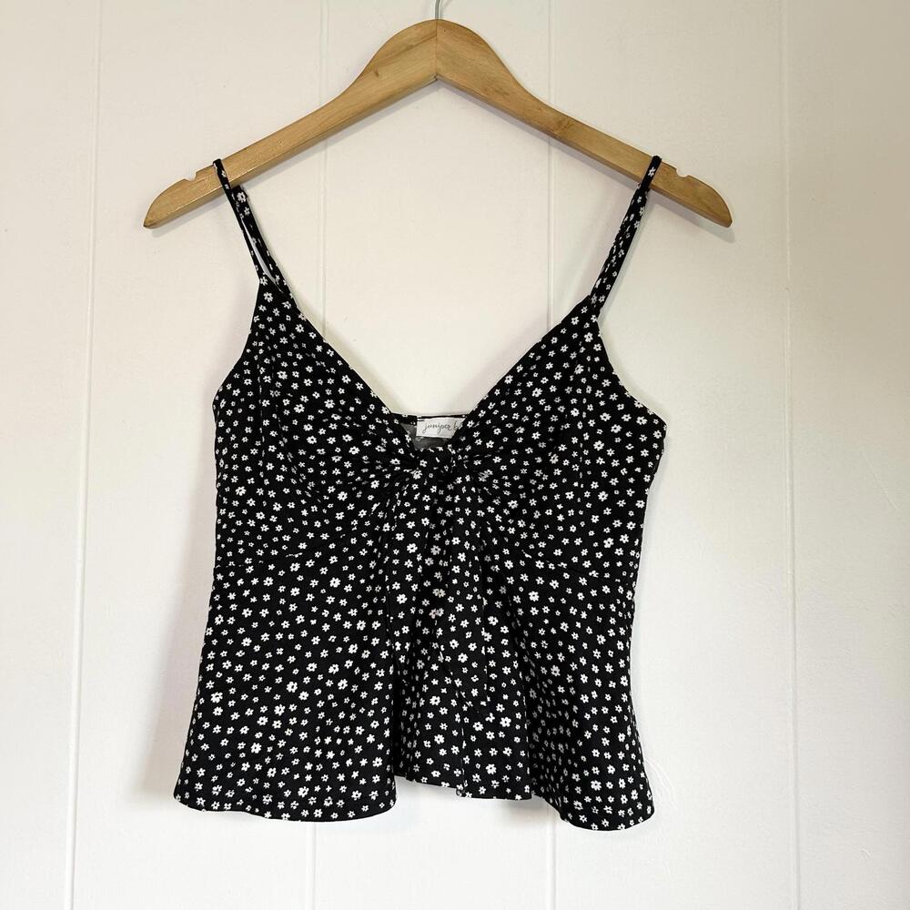 Juniper Blu Black Floral Spaghetti Strap Front Tie Flowy Tank Top Women's Medium